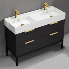 48 inch Double Bathroom Vanity With Sink - Modern, Matte Black, Free Standing, Gold Handles